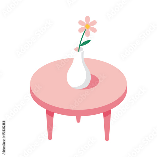 A simple illustration of a pink daisy in a white vase on a pink round table against white background