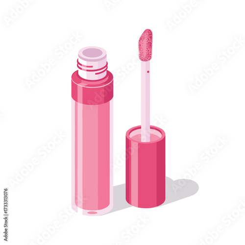 Isolated vector illustration of pink lip gloss with applicator on a white background isometric view