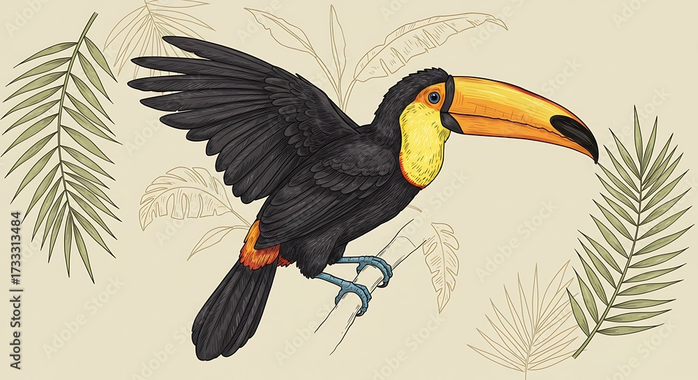 Obraz premium Colorful toucan illustration perched on a branch against a neutral background
