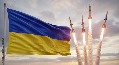 Ukrainian flag waving proudly as multiple missiles launch into the sky, symbolizing conflict and defense