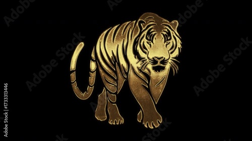 Tiger with slightly reflected outlines on a gold foil-like surface, loop, alpha channel

