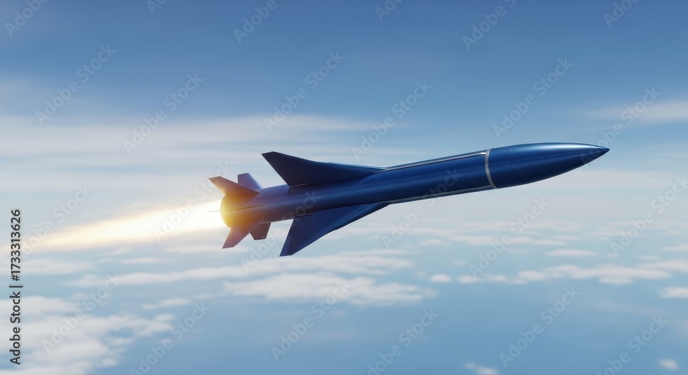 Fototapeta premium Sleek dark blue missile with exhaust flame soaring through clear cerulean sky with clouds