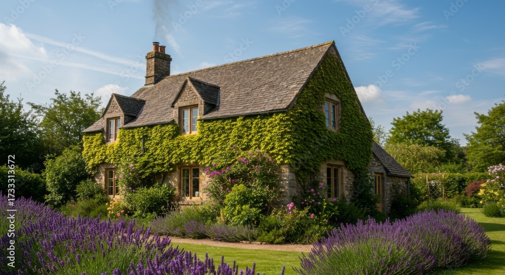 Fototapeta premium Idyllic cotswold cottage with lavender garden in summer