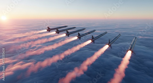 Six sleek missiles soaring in formation above a vast cloudscape at sunset