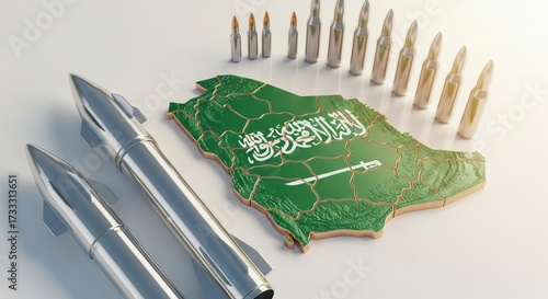 Saudi arabia map with national flag, missiles, and bullets symbolizing military power and defense