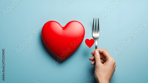 Betrayal, disloyalty and backstabbing concept. Hand stab red heart using fork.