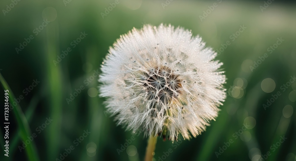 Fototapeta premium Delicate dandelion seed head with dew drops in morning light on green background