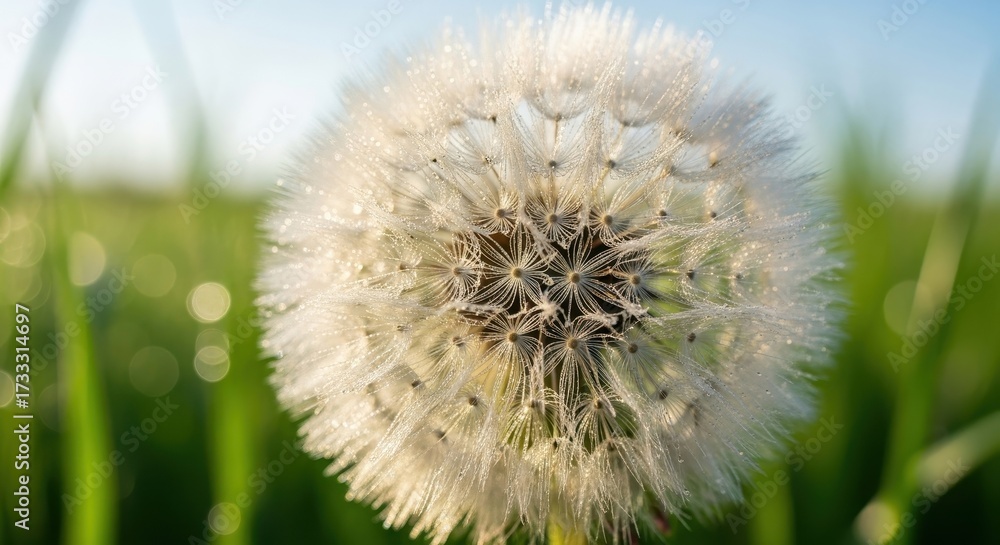 Fototapeta premium Close up of a delicate dandelion seed head with dew drops in a vibrant green field