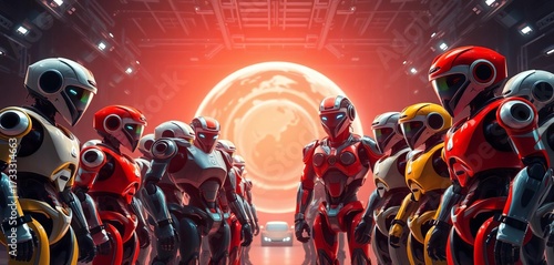 A squadron of diverse robots stands ready for deployment,  attack,  group