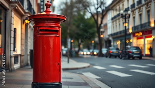 Classic red postal box stands on a city street, heritage, public