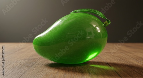 Shiny green mango with glass leaf on wood surface