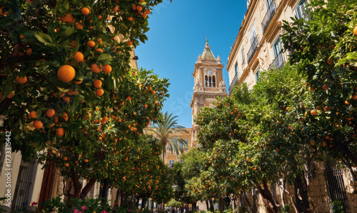 Valencia Spain Old Town Street with Baroque Architecture and Lush Orange Trees in Spring Morning