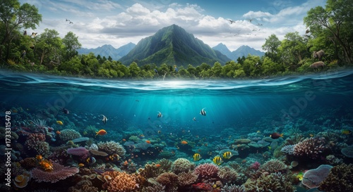 Tropical island landscape with underwater coral reef and jungle
