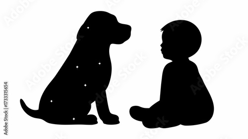 Adorable baby silhouette with puppy friend, a sweet moment of childhood innocence and companionship