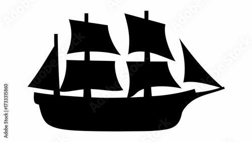 Majestic black silhouette of a grand sailing ship with full sails, ready for adventure.