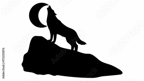 Majestic wolf howls at crescent moon from rocky peak, embodying wild spirit and nature's power.