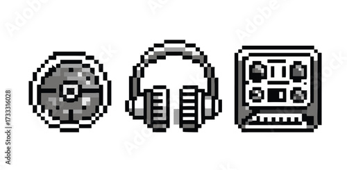 Monochrome 8-bit Pixel Art Music Icon Set: Retro Audio and Entertainment