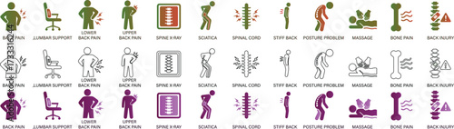 Back pain & spine health icon set including lower back pain, sciatica, spinal cord, bone pain, posture problem, massage therapy, and chiropractic symbols. Perfect for medical, and healthcare design