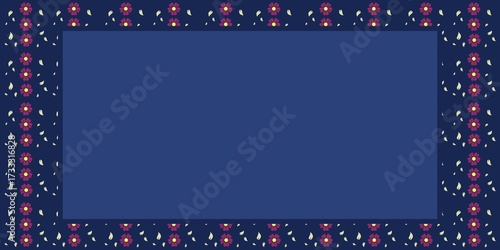 frame with stars, A rectangular frame features a seamless pattern of pink flowers with yellow centers, surrounded by small white leaves on a dark blue background
