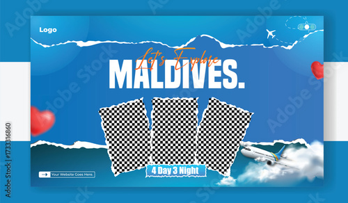 Maldives travel banner template with torn paper effect and heart balloons decoration