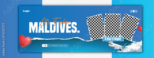 Maldives travel social media cover design with heart and airplane vector illustration