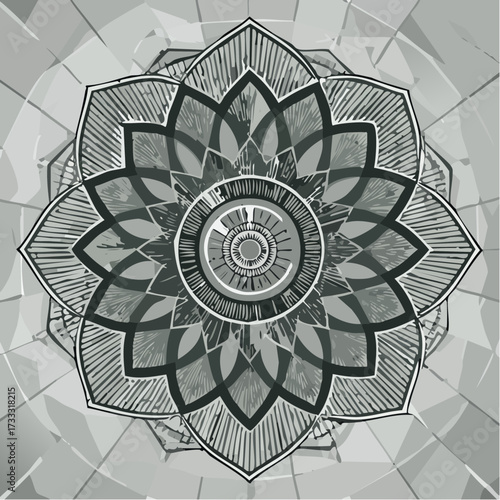 Intricate grayscale mandala illustration featuring symmetrical floral and geometric patterns radiating from a central circular design.