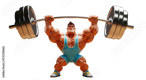 Muscular cartoon man lifting heavy barbell weightlifting