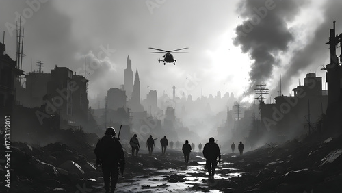 A monochrome view of soldiers walking through a destroyed city with a helicopter overhead in the sky