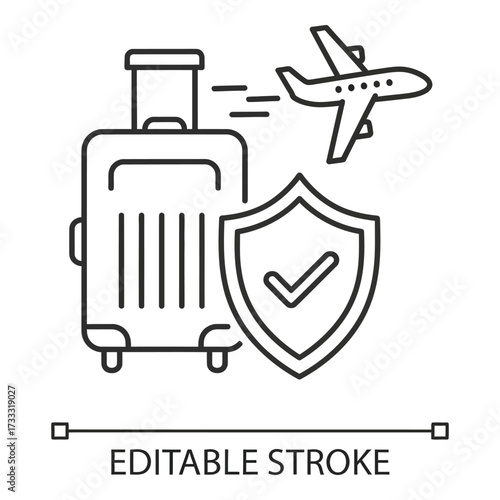 Vector art of travel and security icon set with luggage, airplane, and shield, editable stroke