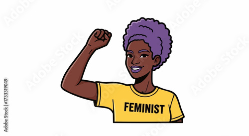 Empowered woman raises fist, sporting feminist t-shirt in vibrant illustration that champions female strength, equality, and social justice movements