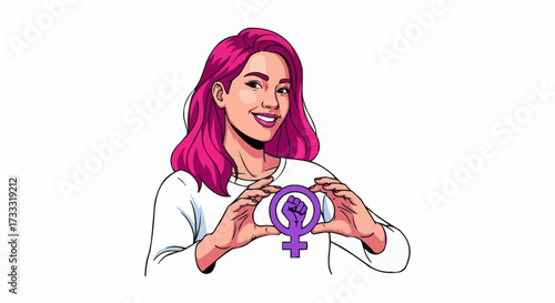 Vibrant woman proudly displays female empowerment symbol with raised fist, celebrating equality and strength