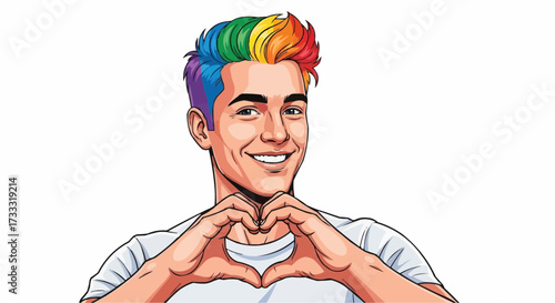 Joyful man with rainbow hair forming heart shape with hands, celebrating pride and love with vibrant energy