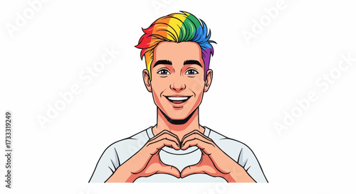 Joyful young man with vibrant rainbow hair forming a heart shape with hands, expressing love and acceptance with a bright smile