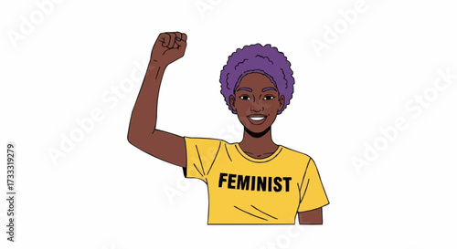 Empowered Black woman with purple hair proudly raises fist wearing yellow feminist t-shirt celebrating equality and social justice