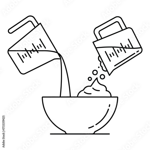 Vector art of pouring ingredients into a mixing bowl from measuring cups, line art illustration