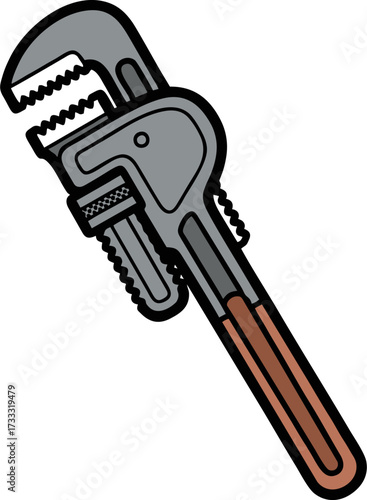 Cartoon Pipe Wrench with Serrated Jaws and Brown Handle Detail