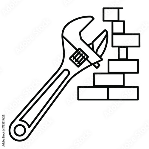Vector art of adjustable wrench and brick wall icon