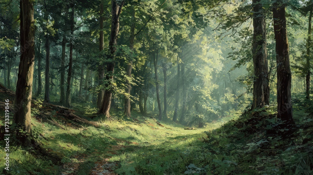 Obraz premium Sun-dappled forest path winding through lush greenery, sunlight filtering through dense canopy