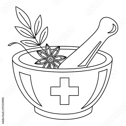 Vector art of mortar and pestle with herbs and medical cross