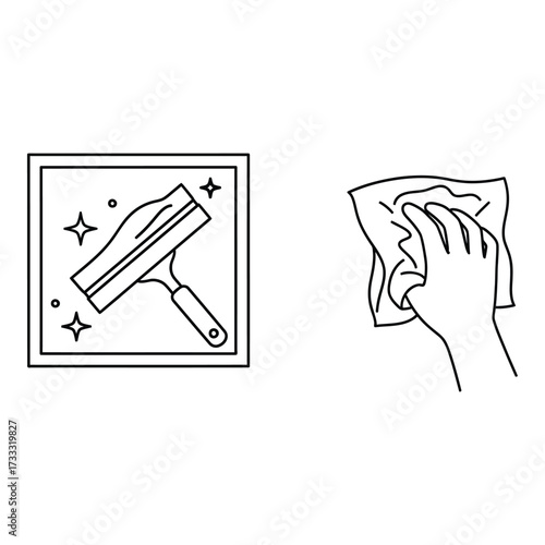 Vector art of cleaning icons with squeegee and hand holding cloth