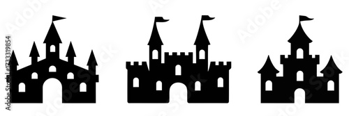 Collection of black castle silhouettes with flags