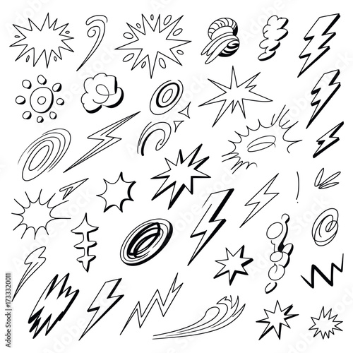 Collection of hand-drawn comic book style sound effects and action lines