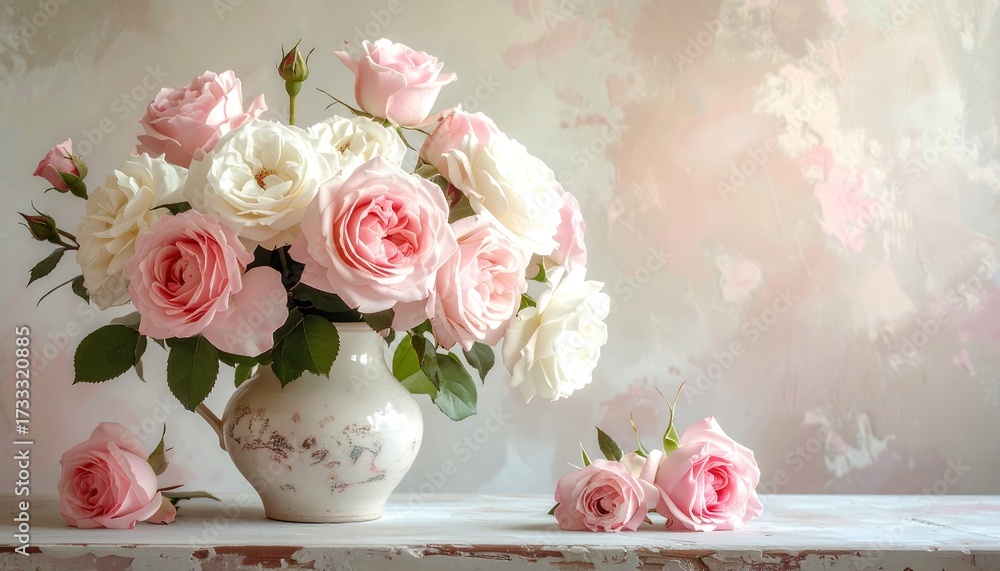 Obraz premium A still life of pink and white roses in a decorative vase against a pastel backdrop