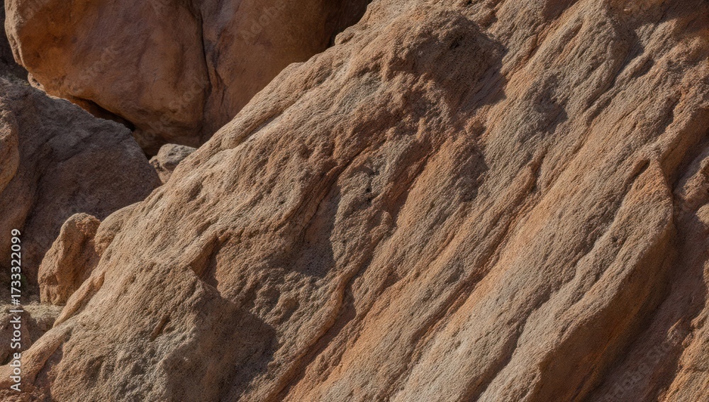 Fototapeta premium Close-up of layered, textured reddish rock face with shadows