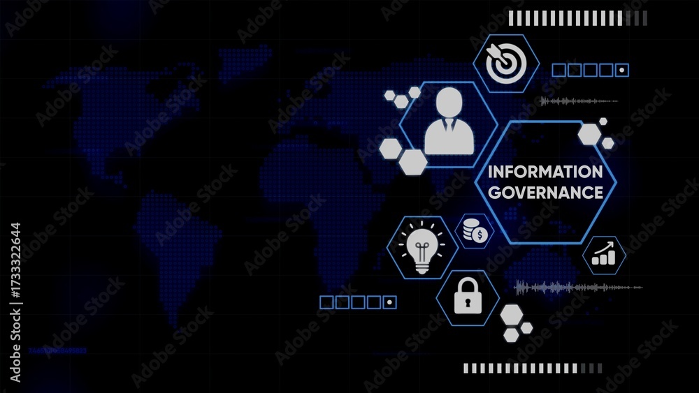 Fototapeta premium Digital Information Governance Concept with World Map and Icons data management technology
