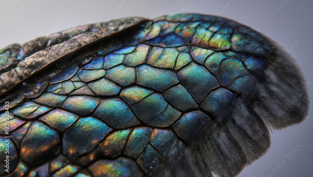 Obraz premium Close-up of iridescent scales resembling a segmented, textured surface