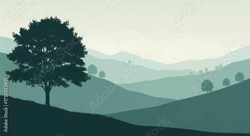 Serene landscape of a misty mountain valley with a solitary tree standing on a hill against a backdrop of rolling green hills and a soft, gradient sky.