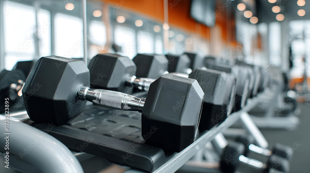 Fototapeta premium Close-up of dumbbells arranged on a rack in a modern gym, perfect for fitness enthusiasts.