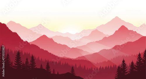 Illustration of a misty mountain valley with a vibrant red and pink ombre effect, featuring silhouetted trees in the foreground against a bright yellow sky.