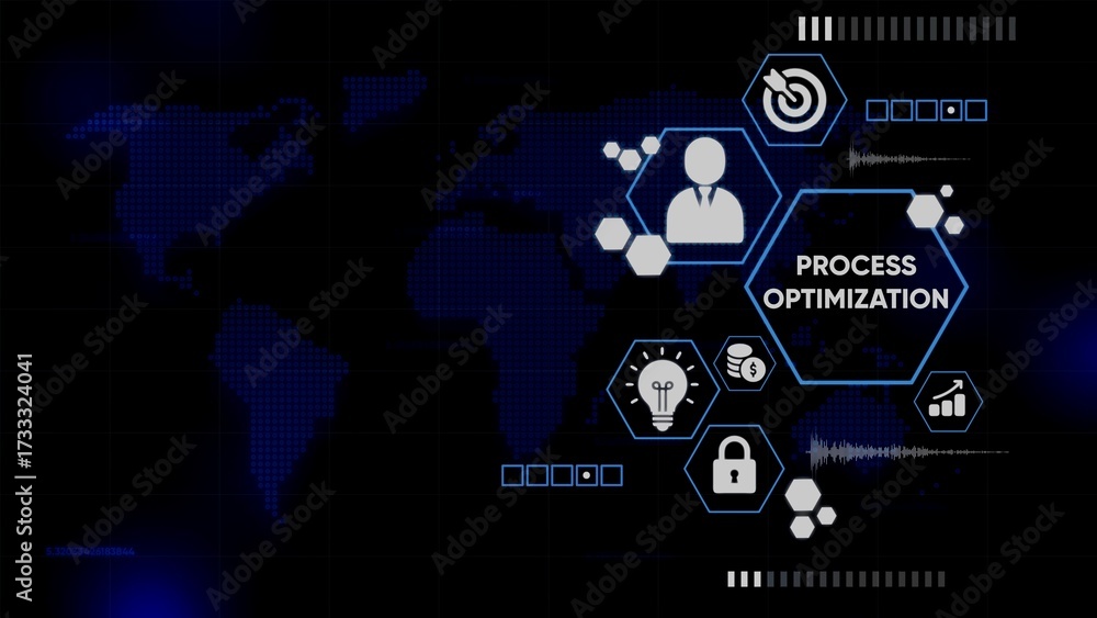 Fototapeta premium Digital World Map with Hexagonal Icons Representing Business Concepts and the Words PROCESOPTIMIZATION
